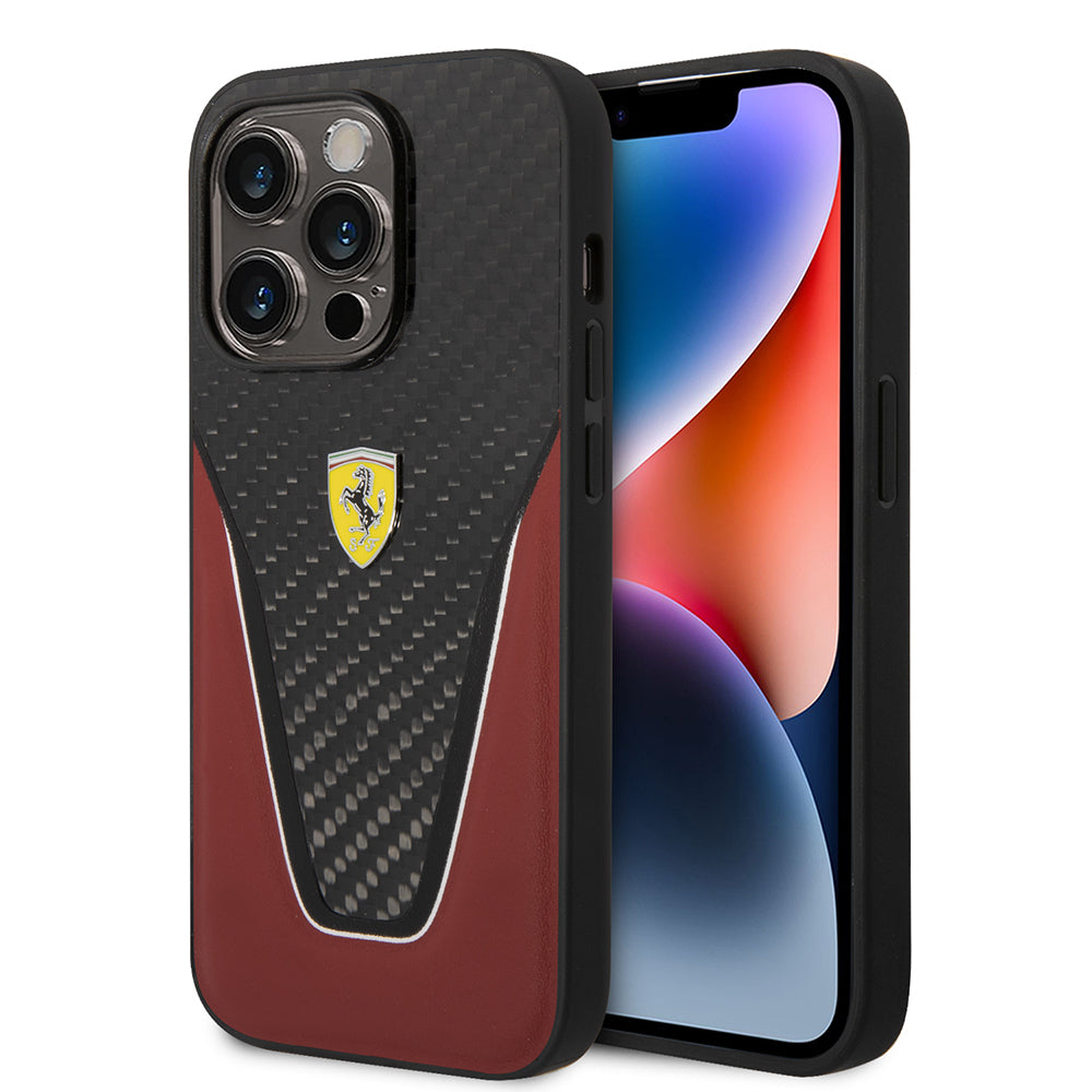 iPhone 14 Pro Max Kılıf Ferrari Orijinal Lisanlı Klasik Metal Logolu Karbon V Desenli Kılıf