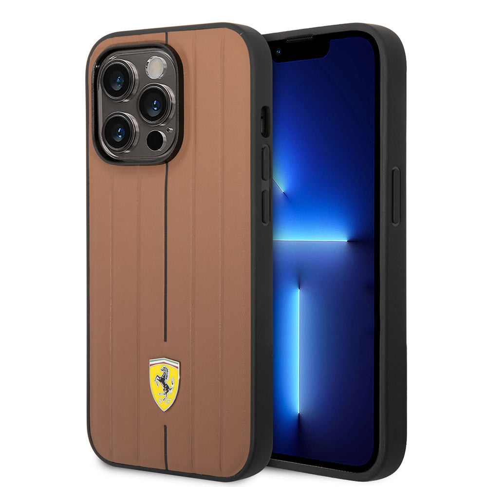 iPhone 14 Pro Max Kılıf Ferrari Orijinal Lisanslı Deri Arka Yüzey Metal Logolu Şerit Tasarımlı Kılıf