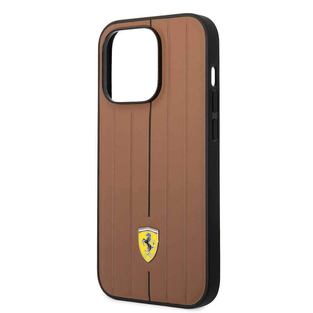 iPhone 14 Pro Max Kılıf Ferrari Orijinal Lisanslı Deri Arka Yüzey Metal Logolu Şerit Tasarımlı Kılıf