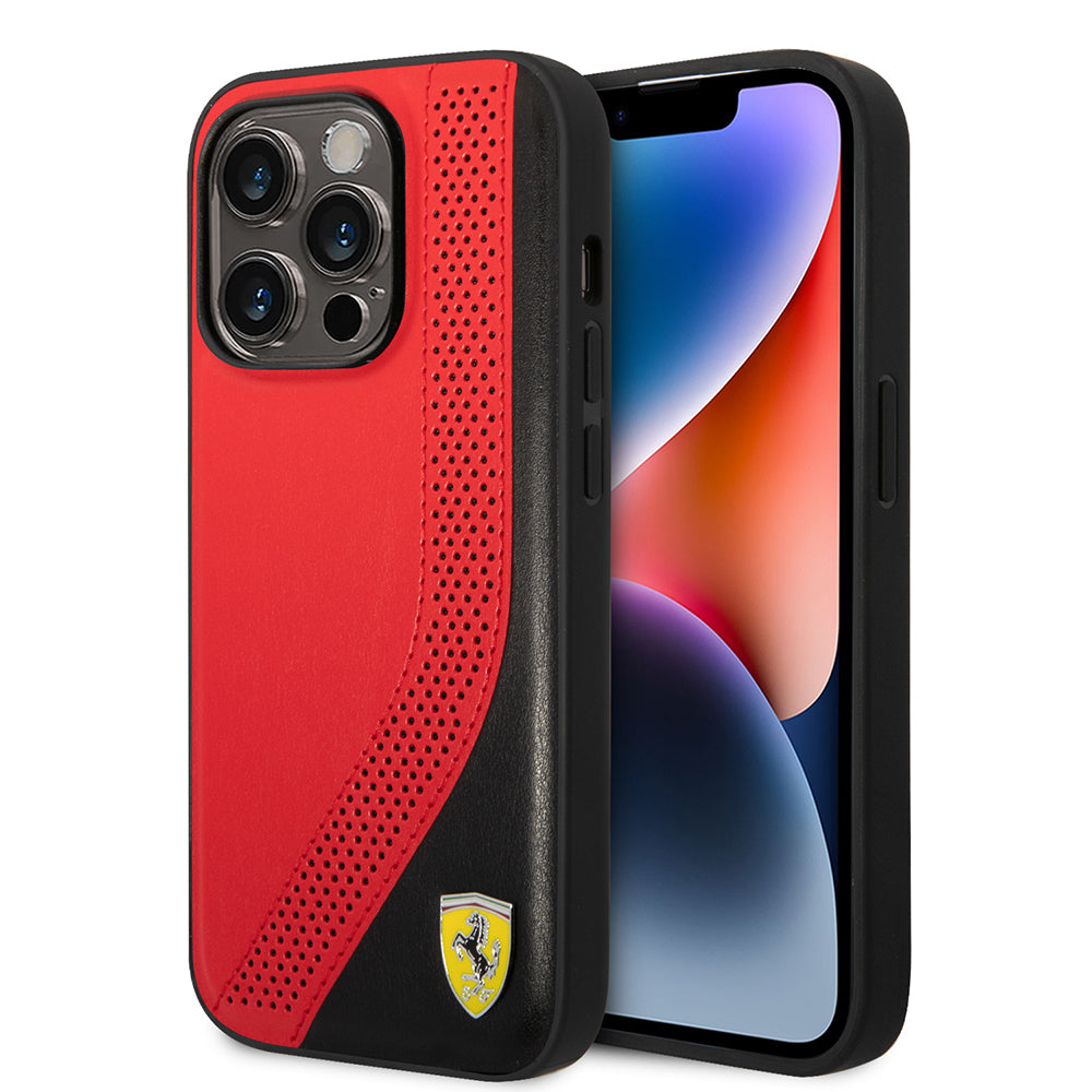 iPhone 14 Pro Max Kılıf Ferrari Orijinal Lisanslı Metal Logolu Deri Delikli Dikişli Dizayn Kılıf