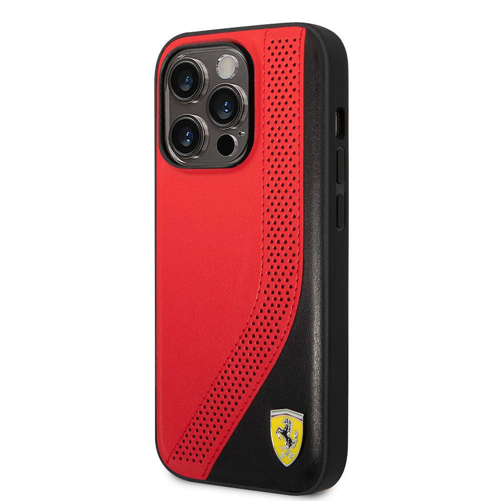 iPhone 14 Pro Max Kılıf Ferrari Orijinal Lisanslı Metal Logolu Deri Delikli Dikişli Dizayn Kılıf