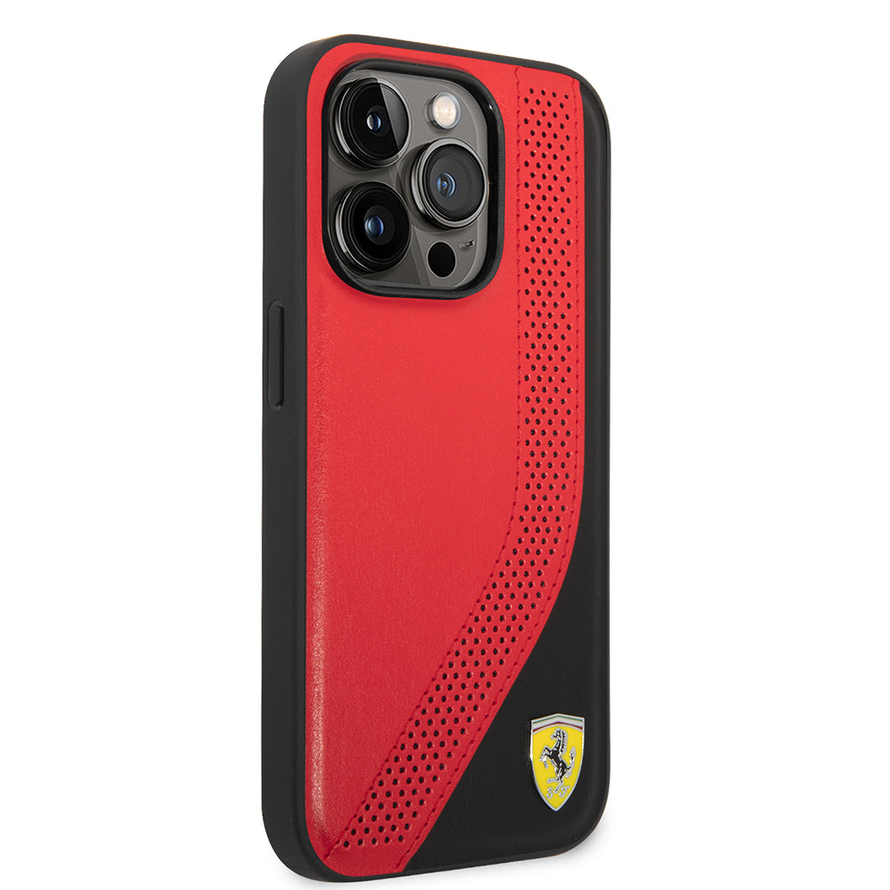 iPhone 14 Pro Max Kılıf Ferrari Orijinal Lisanslı Metal Logolu Deri Delikli Dikişli Dizayn Kılıf