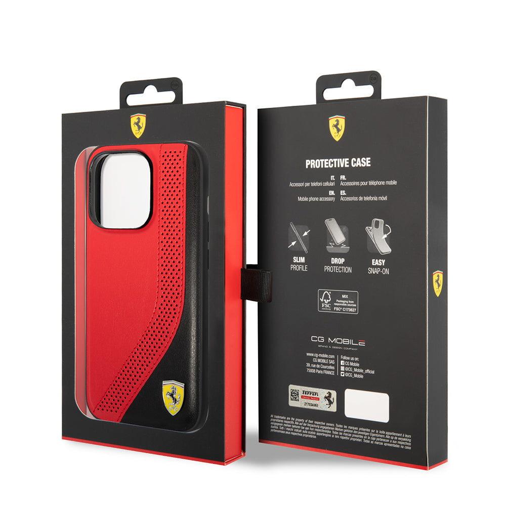 iPhone 14 Pro Max Kılıf Ferrari Orijinal Lisanslı Metal Logolu Deri Delikli Dikişli Dizayn Kılıf