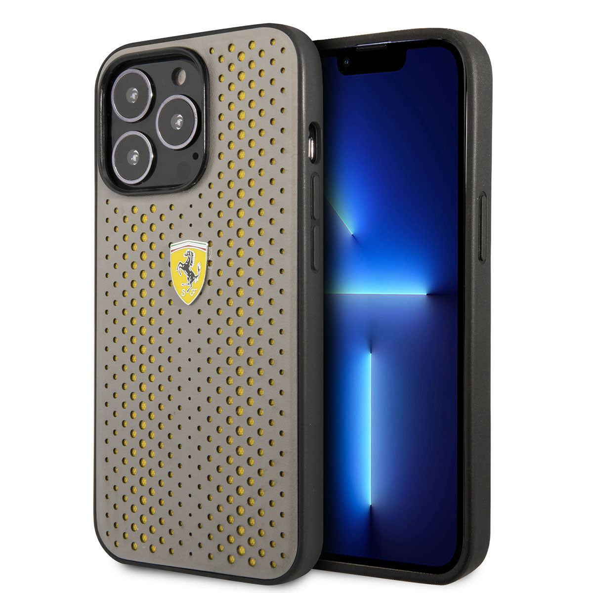 iPhone 14 Pro Max Kılıf Ferrari Deri Sarı Noktalı Dizayn Kılıf
