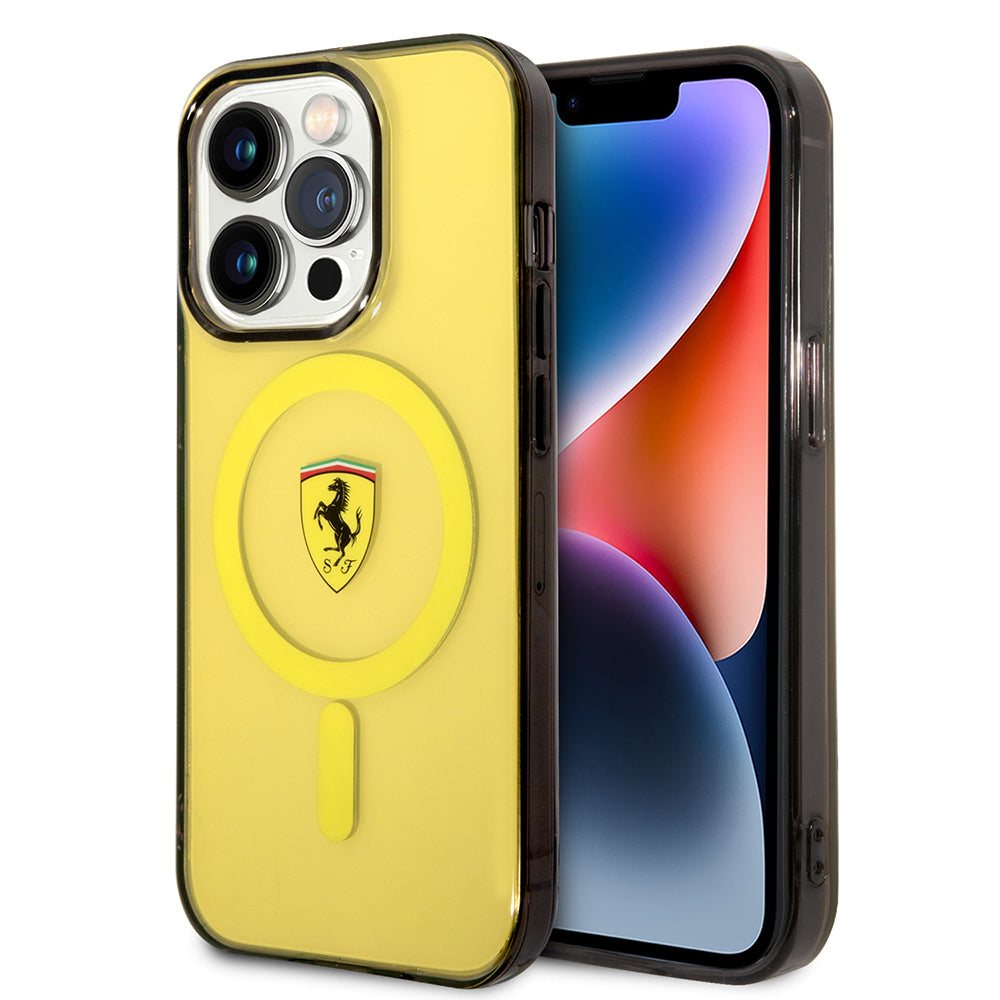 iPhone 14 Pro Max Kılıf Ferrari M-safe Şarj Özellikli Yarı Transparan Dizayn Kılıf