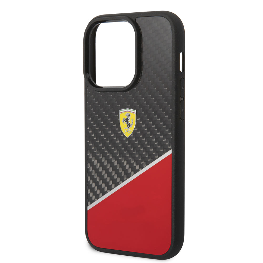iPhone 14 Pro Max Kılıf Ferrari orijinal Lisanlı Klasik Metal Logolu Karbon Şerit Desenli Kılıf