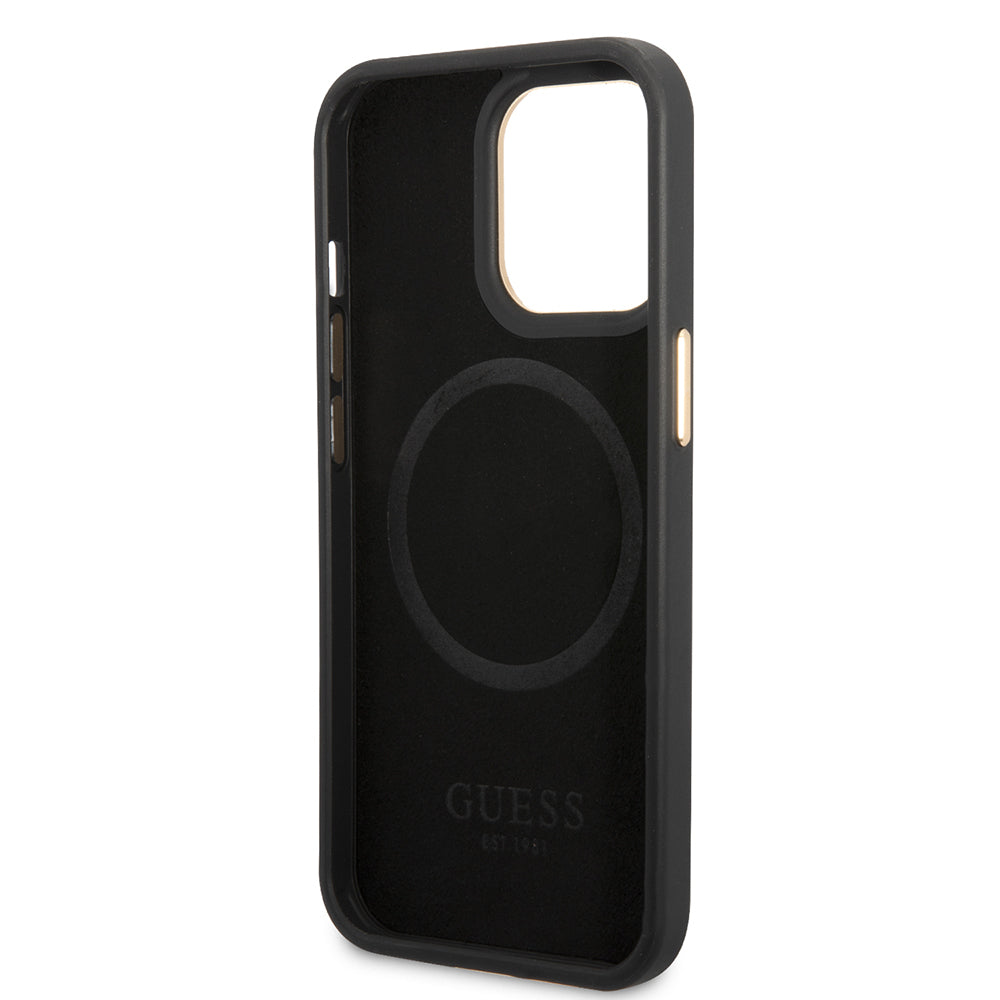 iPhone 14 Pro Max Kılıf Guess Orijinal Lisanslı M-safe Şarj Özellikli 4G Desenli PU Metal Plaka Klasik Logolu Kılıf