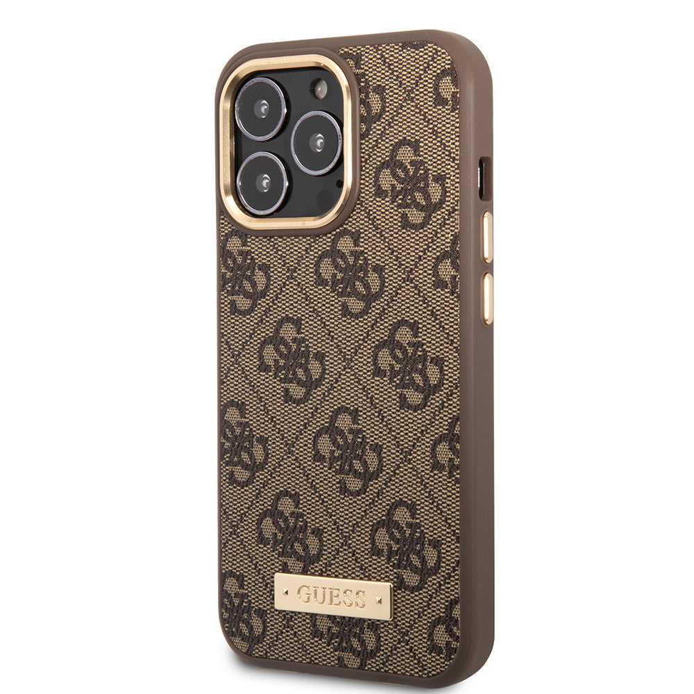 iPhone 14 Pro Max Kılıf Guess Orijinal Lisanslı M-safe Şarj Özellikli 4G Desenli PU Metal Plaka Klasik Logolu Kılıf