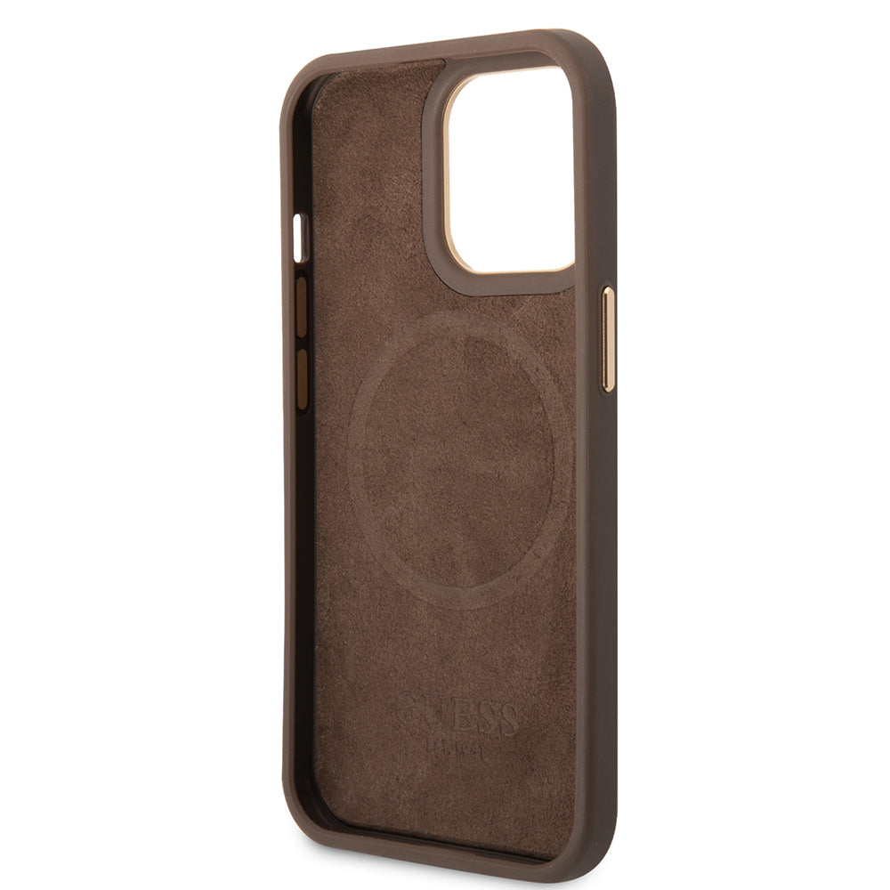 iPhone 14 Pro Max Kılıf Guess Orijinal Lisanslı M-safe Şarj Özellikli 4G Desenli PU Metal Plaka Klasik Logolu Kılıf