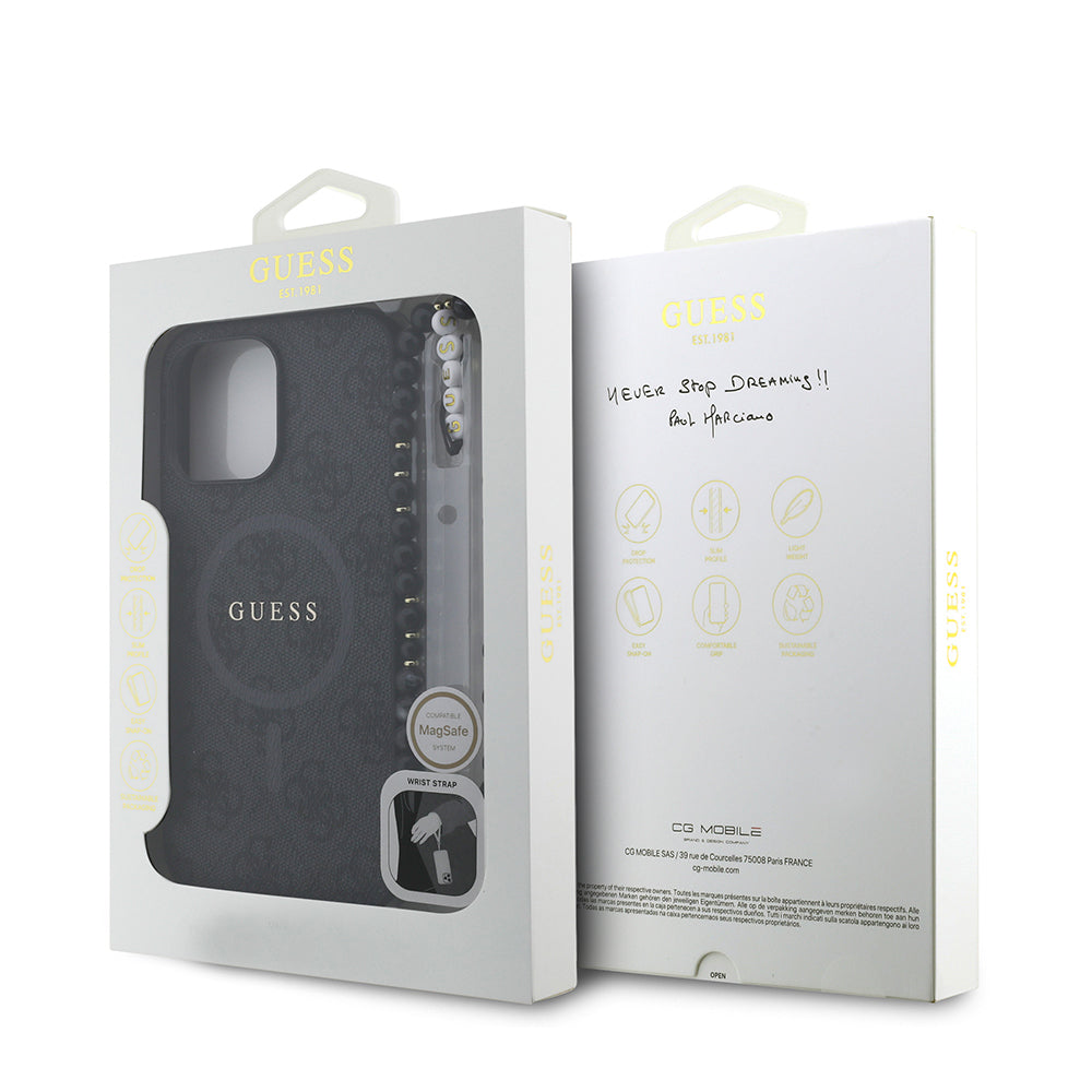 iPhone 14 Pro Max Kılıf Guess Orijinal Lisanslı M-safe Şarj Özellikli PU Deri Bilek Askı İpli Yazı Logolu Kılıf