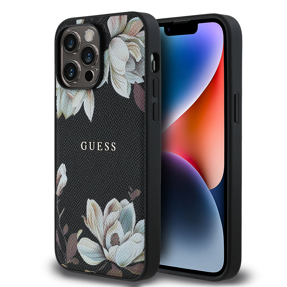 iPhone 14 Pro Max Kılıf Guess Orijinal Lisanslı M-safe Şarj Özellikli Taneli Çiçek Tasarımlı Metal Yazı Logolu Kılıf