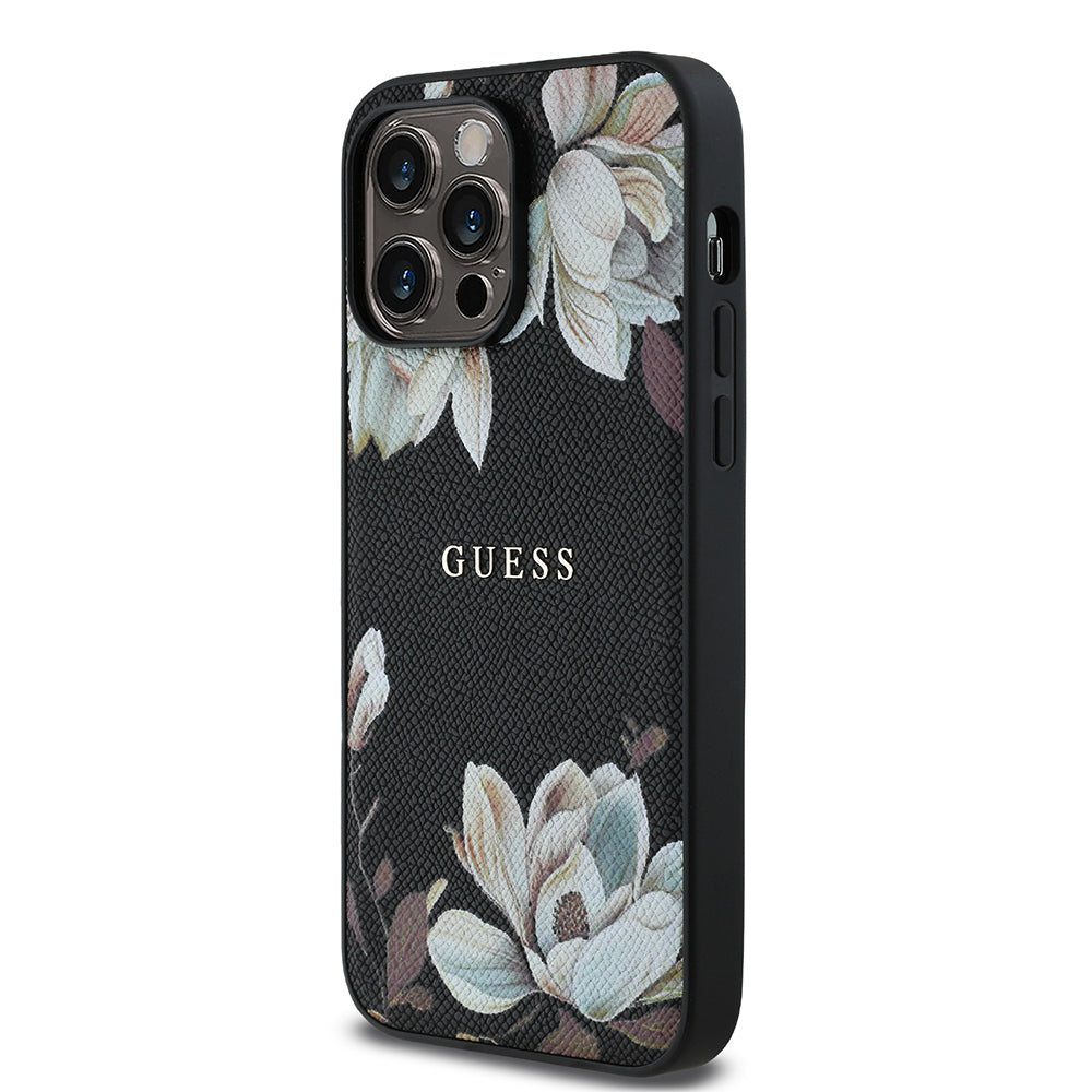 iPhone 14 Pro Max Kılıf Guess Orijinal Lisanslı M-safe Şarj Özellikli Taneli Çiçek Tasarımlı Metal Yazı Logolu Kılıf