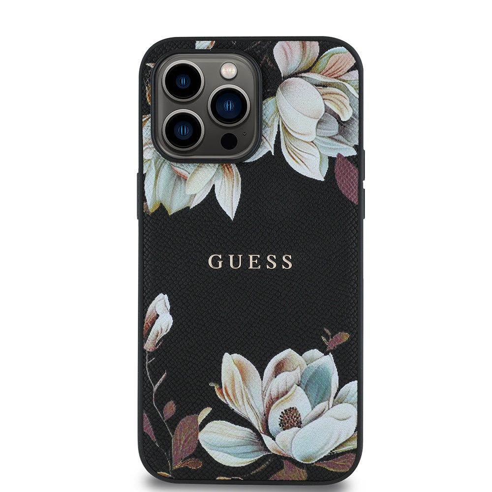 iPhone 14 Pro Max Kılıf Guess Orijinal Lisanslı M-safe Şarj Özellikli Taneli Çiçek Tasarımlı Metal Yazı Logolu Kılıf