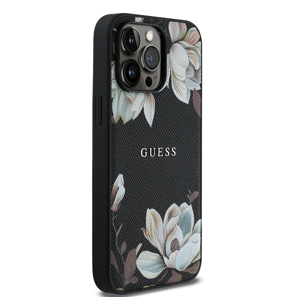 iPhone 14 Pro Max Kılıf Guess Orijinal Lisanslı M-safe Şarj Özellikli Taneli Çiçek Tasarımlı Metal Yazı Logolu Kılıf
