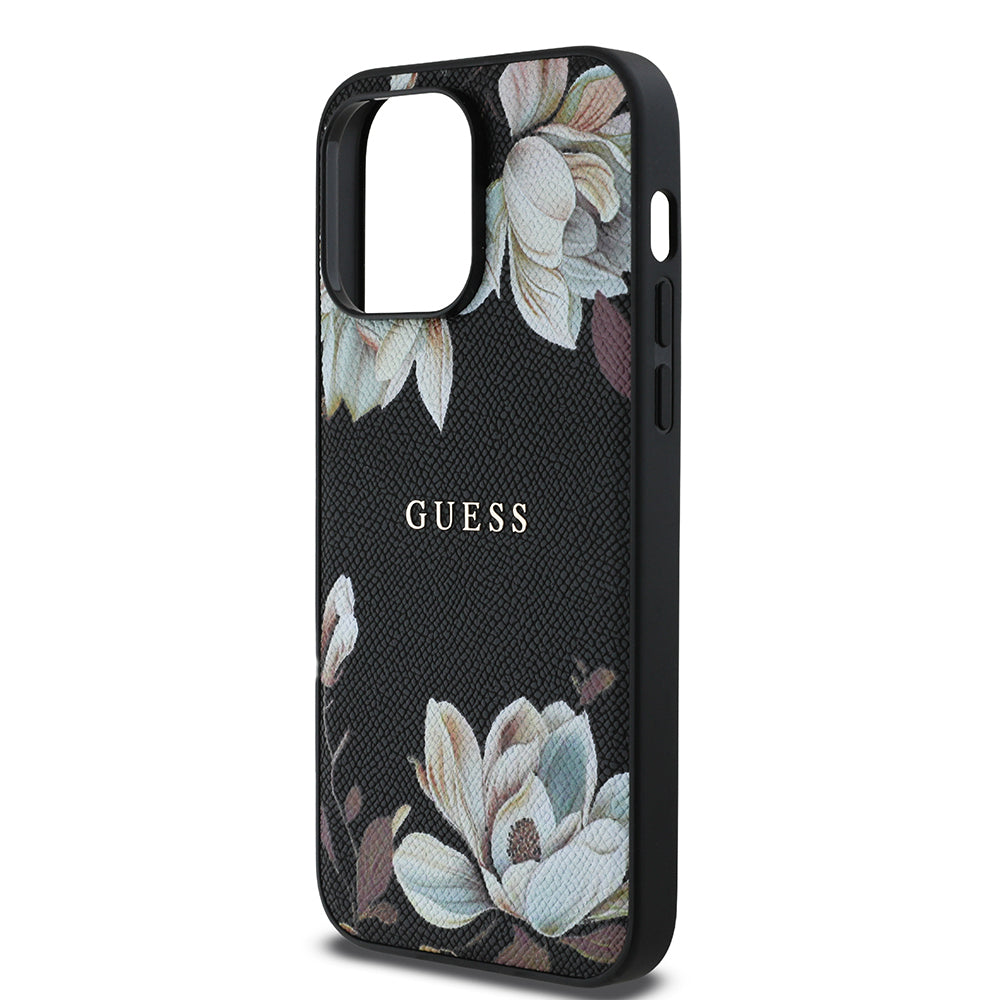 iPhone 14 Pro Max Kılıf Guess Orijinal Lisanslı M-safe Şarj Özellikli Taneli Çiçek Tasarımlı Metal Yazı Logolu Kılıf