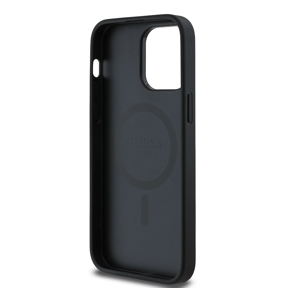 iPhone 14 Pro Max Kılıf Guess Orijinal Lisanslı M-safe Şarj Özellikli Taneli Çiçek Tasarımlı Metal Yazı Logolu Kılıf