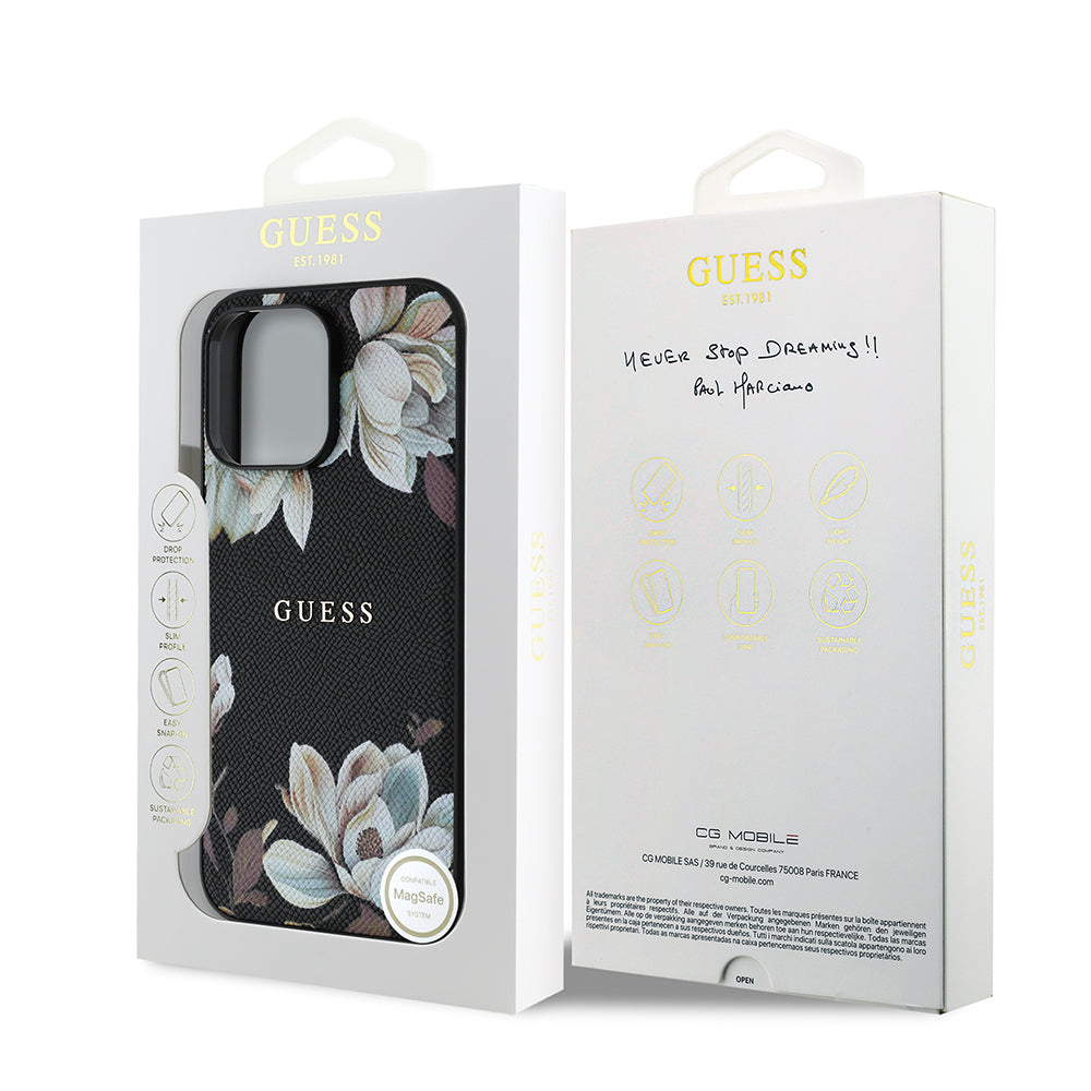iPhone 14 Pro Max Kılıf Guess Orijinal Lisanslı M-safe Şarj Özellikli Taneli Çiçek Tasarımlı Metal Yazı Logolu Kılıf