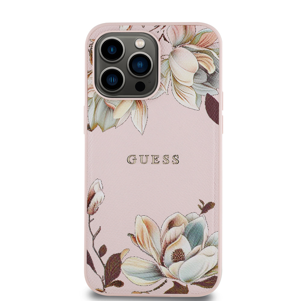 iPhone 14 Pro Max Kılıf Guess Orijinal Lisanslı M-safe Şarj Özellikli Taneli Çiçek Tasarımlı Metal Yazı Logolu Kılıf