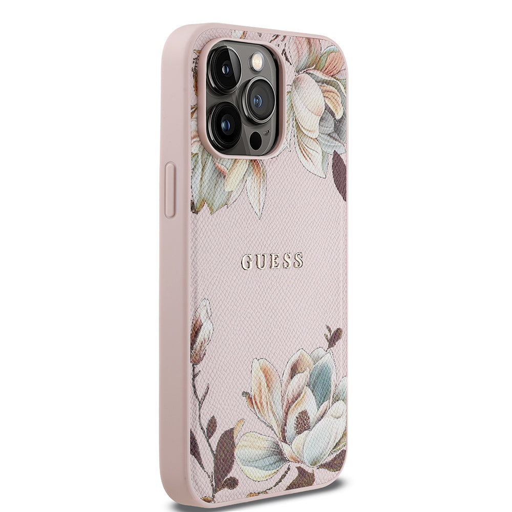 iPhone 14 Pro Max Kılıf Guess Orijinal Lisanslı M-safe Şarj Özellikli Taneli Çiçek Tasarımlı Metal Yazı Logolu Kılıf