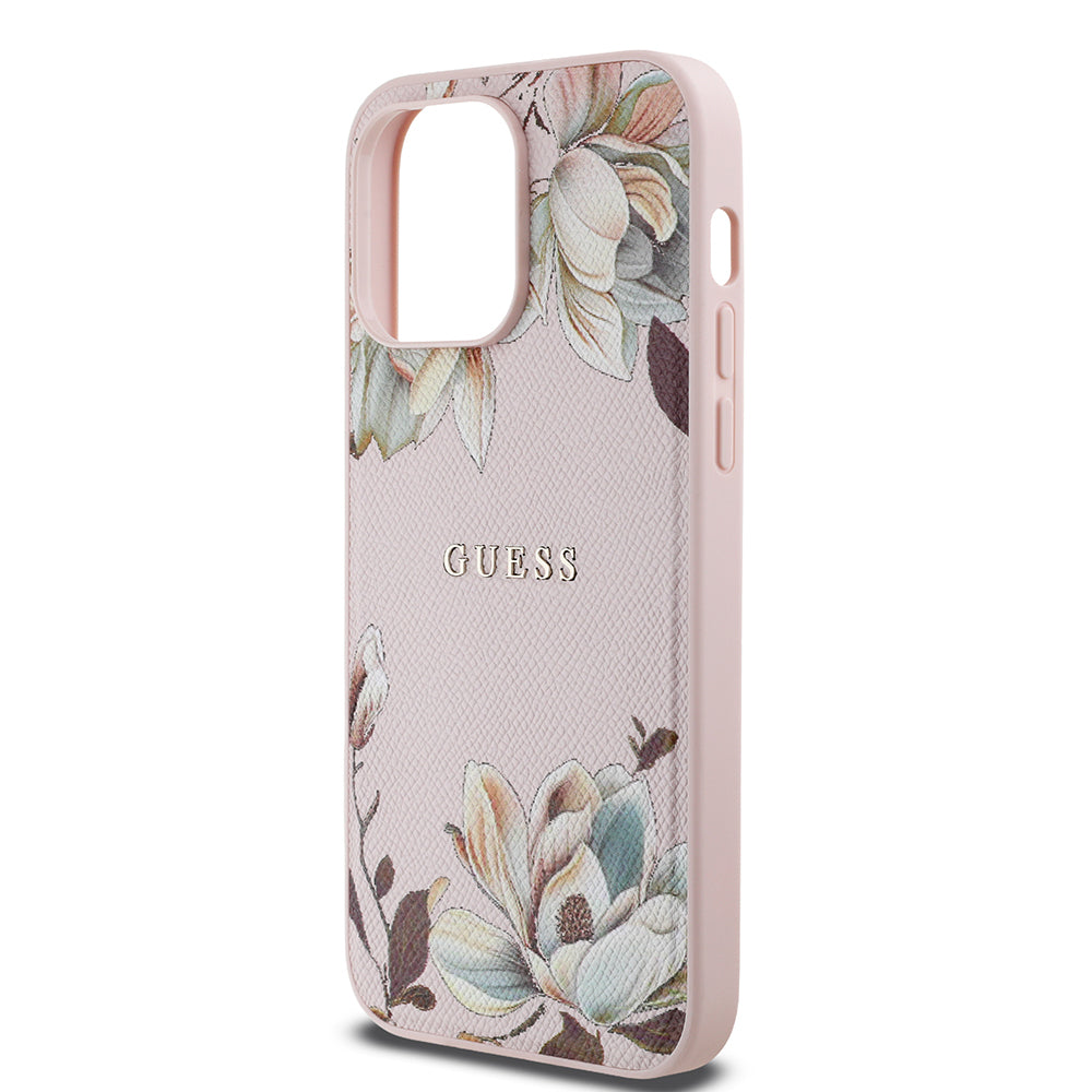 iPhone 14 Pro Max Kılıf Guess Orijinal Lisanslı M-safe Şarj Özellikli Taneli Çiçek Tasarımlı Metal Yazı Logolu Kılıf
