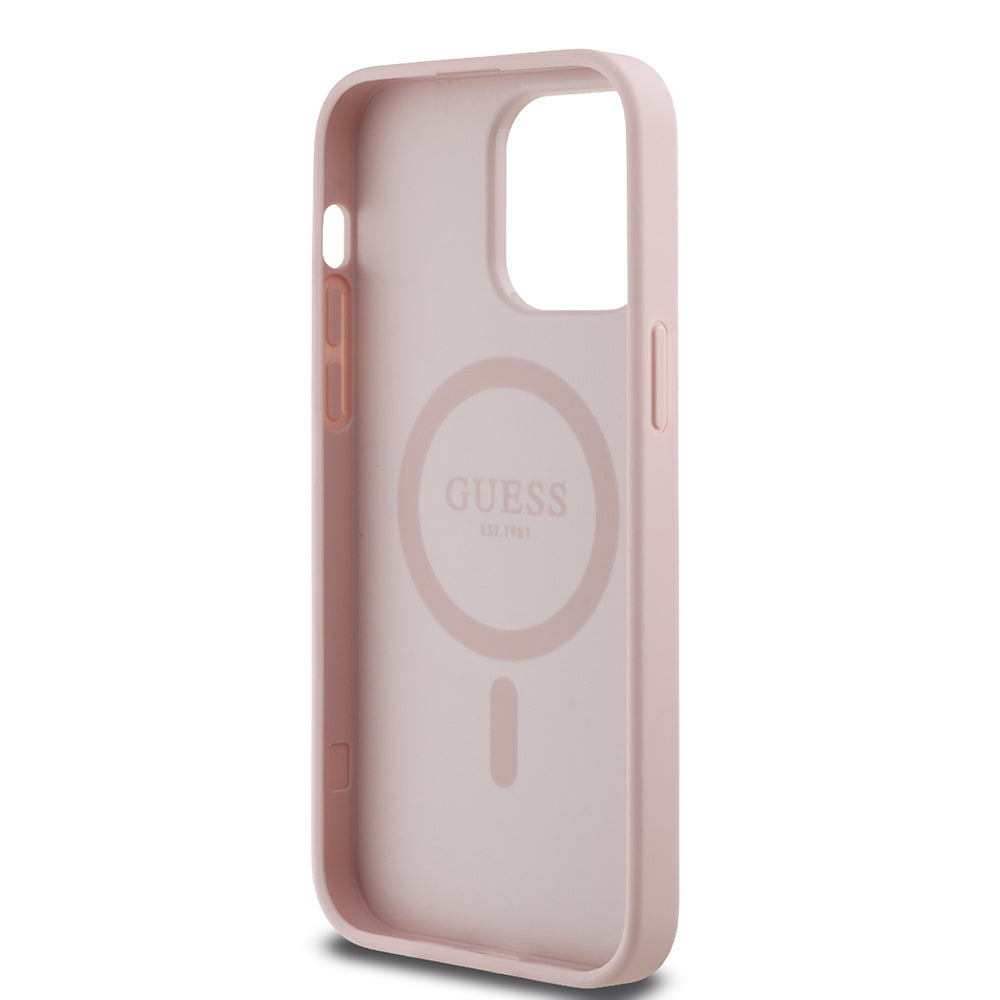 iPhone 14 Pro Max Kılıf Guess Orijinal Lisanslı M-safe Şarj Özellikli Taneli Çiçek Tasarımlı Metal Yazı Logolu Kılıf