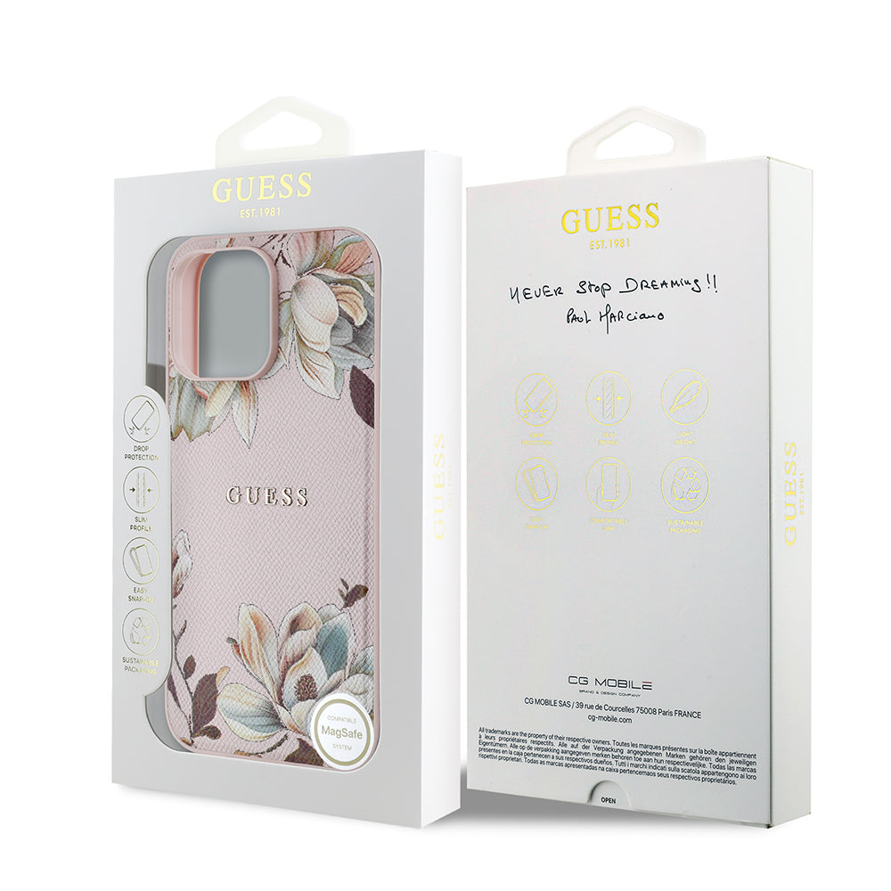 iPhone 14 Pro Max Kılıf Guess Orijinal Lisanslı M-safe Şarj Özellikli Taneli Çiçek Tasarımlı Metal Yazı Logolu Kılıf
