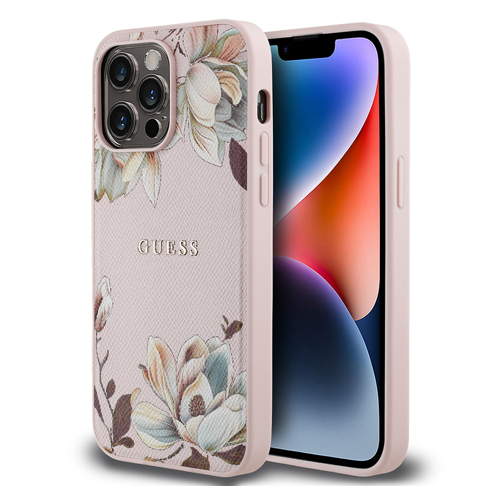 iPhone 14 Pro Max Kılıf Guess Orijinal Lisanslı M-safe Şarj Özellikli Taneli Çiçek Tasarımlı Metal Yazı Logolu Kılıf