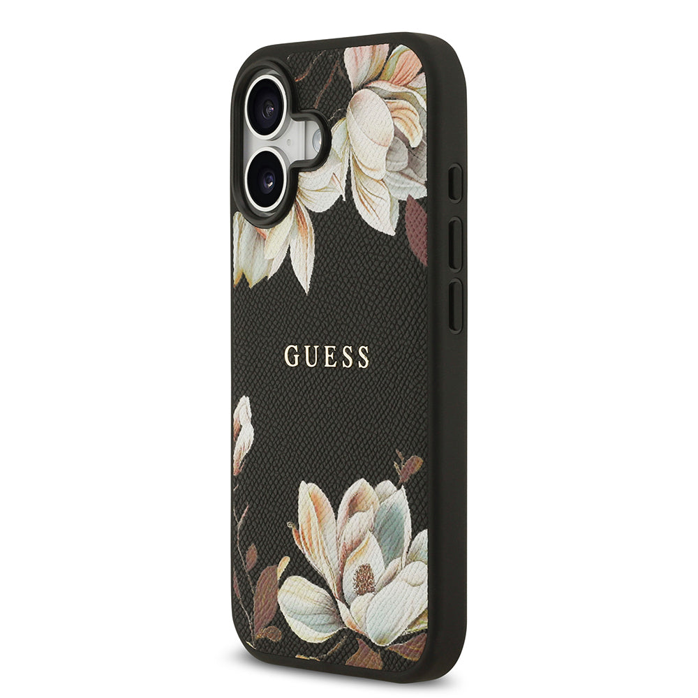 iPhone 17 Kılıf Guess Orijinal Lisanslı M-safe Şarj Özellikli Taneli Çiçek Tasarımlı Metal Yazı Logolu Kılıf