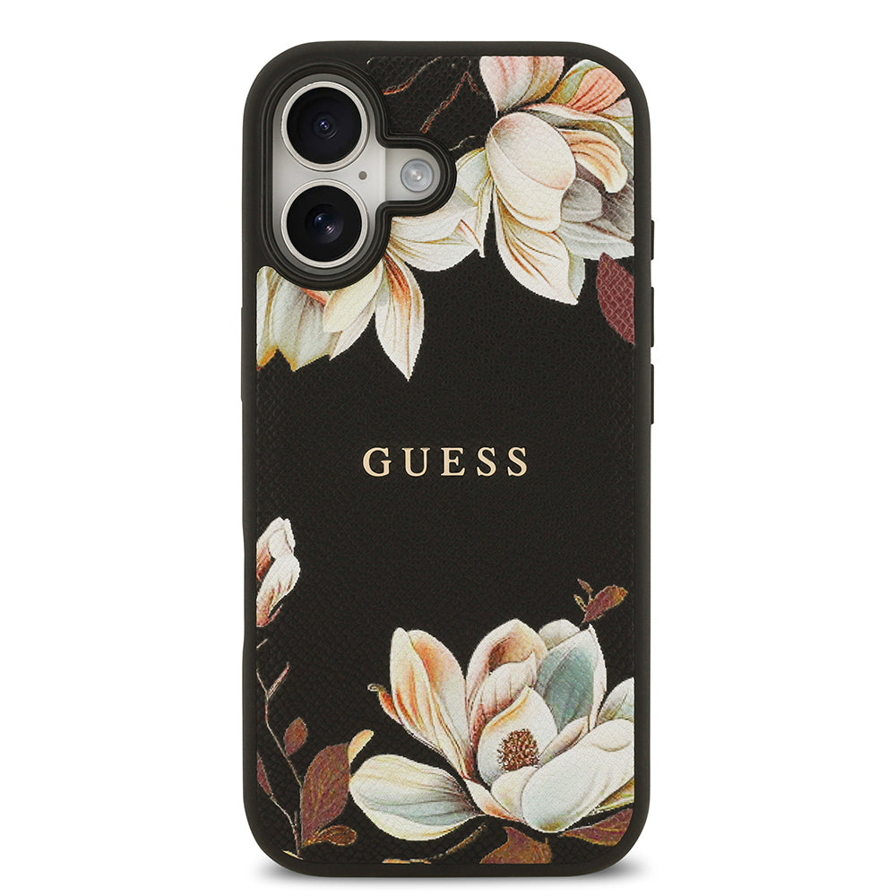 iPhone 17 Kılıf Guess Orijinal Lisanslı M-safe Şarj Özellikli Taneli Çiçek Tasarımlı Metal Yazı Logolu Kılıf