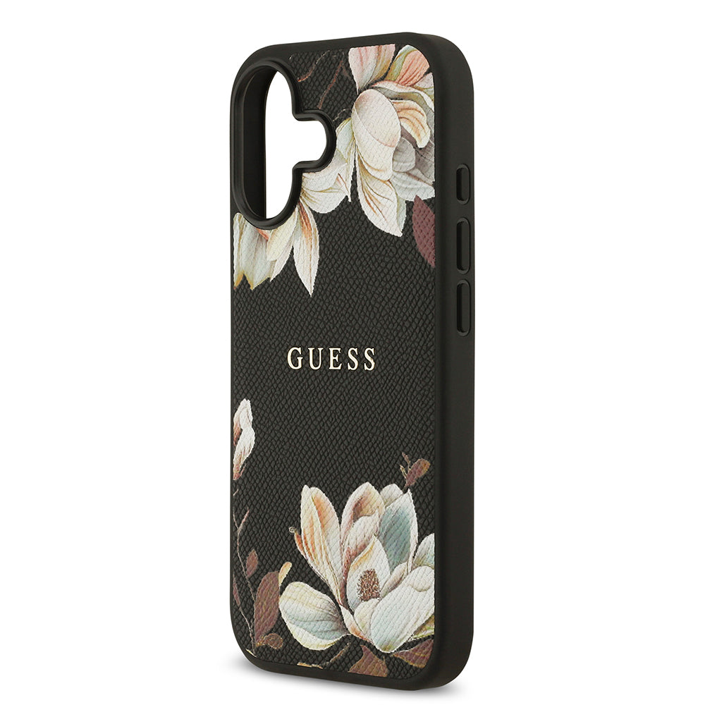 iPhone 17 Kılıf Guess Orijinal Lisanslı M-safe Şarj Özellikli Taneli Çiçek Tasarımlı Metal Yazı Logolu Kılıf