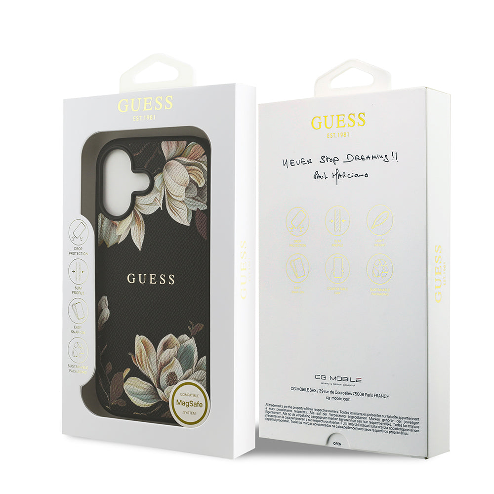 iPhone 17 Kılıf Guess Orijinal Lisanslı M-safe Şarj Özellikli Taneli Çiçek Tasarımlı Metal Yazı Logolu Kılıf