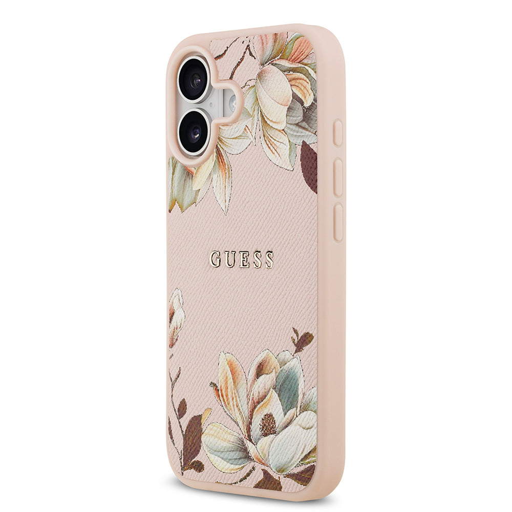 iPhone 17 Kılıf Guess Orijinal Lisanslı M-safe Şarj Özellikli Taneli Çiçek Tasarımlı Metal Yazı Logolu Kılıf