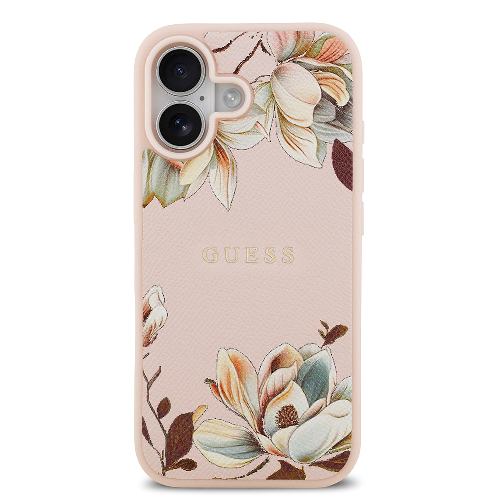 iPhone 17 Kılıf Guess Orijinal Lisanslı M-safe Şarj Özellikli Taneli Çiçek Tasarımlı Metal Yazı Logolu Kılıf