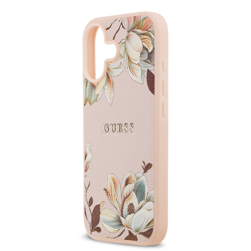 iPhone 17 Kılıf Guess Orijinal Lisanslı M-safe Şarj Özellikli Taneli Çiçek Tasarımlı Metal Yazı Logolu Kılıf