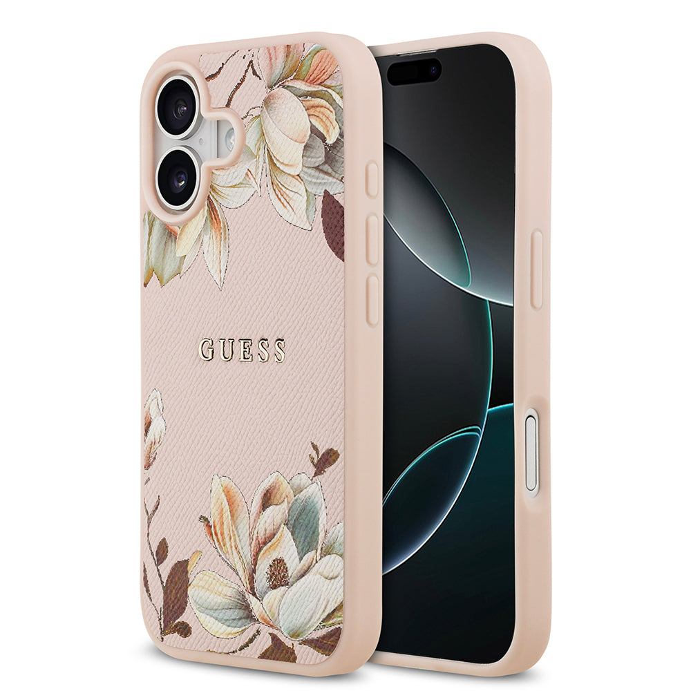 iPhone 17 Kılıf Guess Orijinal Lisanslı M-safe Şarj Özellikli Taneli Çiçek Tasarımlı Metal Yazı Logolu Kılıf