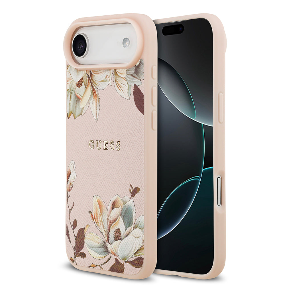 iPhone 17 Air Kılıf Guess Orijinal Lisanslı M-safe Şarj Özellikli Taneli Çiçek Tasarımlı Metal Yazı Logolu Kılıf