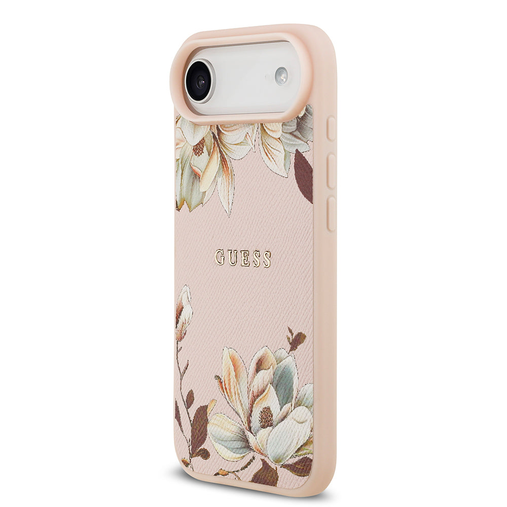 iPhone 17 Air Kılıf Guess Orijinal Lisanslı M-safe Şarj Özellikli Taneli Çiçek Tasarımlı Metal Yazı Logolu Kılıf