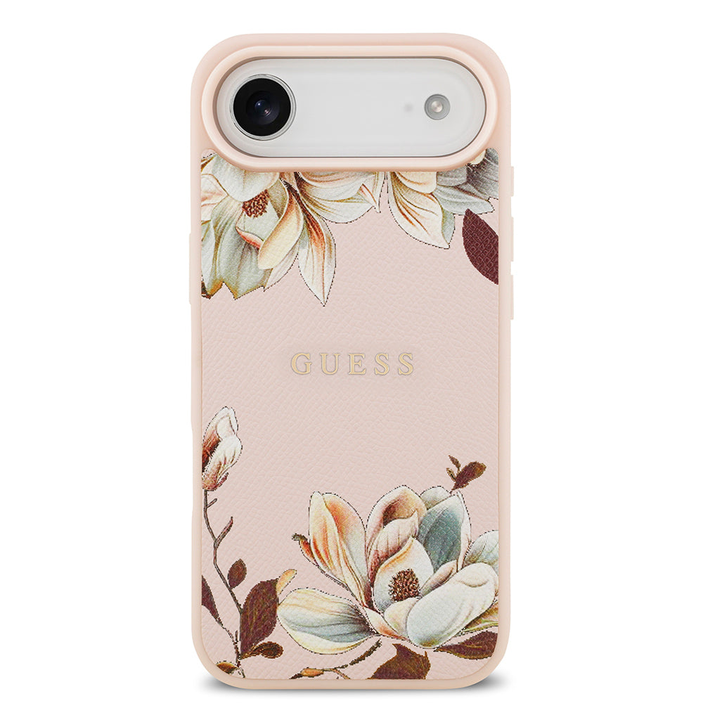 iPhone 17 Air Kılıf Guess Orijinal Lisanslı M-safe Şarj Özellikli Taneli Çiçek Tasarımlı Metal Yazı Logolu Kılıf