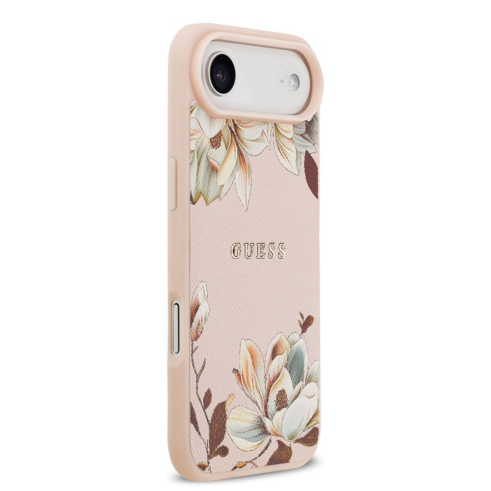 iPhone 17 Air Kılıf Guess Orijinal Lisanslı M-safe Şarj Özellikli Taneli Çiçek Tasarımlı Metal Yazı Logolu Kılıf