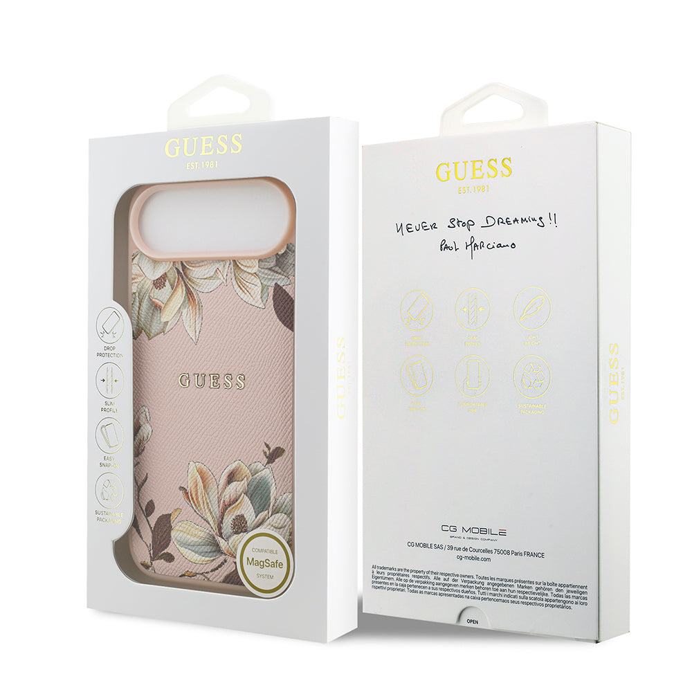 iPhone 17 Air Kılıf Guess Orijinal Lisanslı M-safe Şarj Özellikli Taneli Çiçek Tasarımlı Metal Yazı Logolu Kılıf