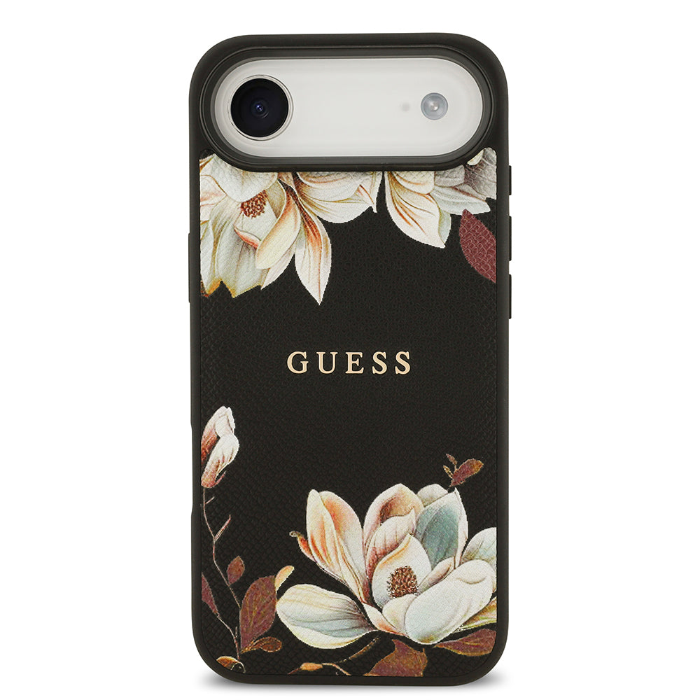 iPhone 17 Air Kılıf Guess Orijinal Lisanslı M-safe Şarj Özellikli Taneli Çiçek Tasarımlı Metal Yazı Logolu Kılıf