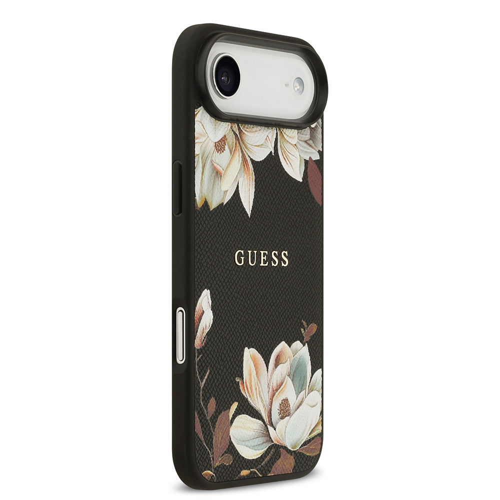 iPhone 17 Air Kılıf Guess Orijinal Lisanslı M-safe Şarj Özellikli Taneli Çiçek Tasarımlı Metal Yazı Logolu Kılıf