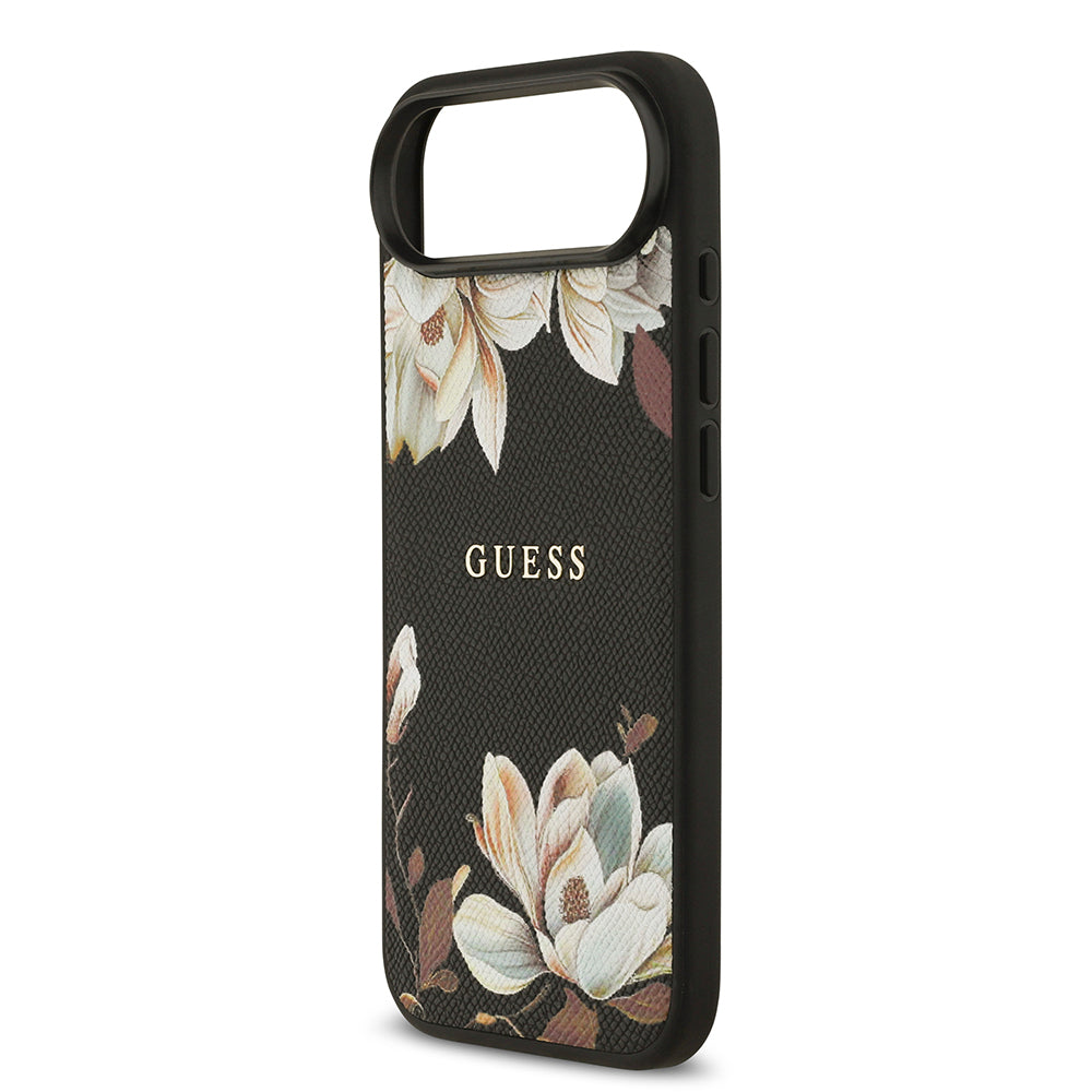 iPhone 17 Air Kılıf Guess Orijinal Lisanslı M-safe Şarj Özellikli Taneli Çiçek Tasarımlı Metal Yazı Logolu Kılıf