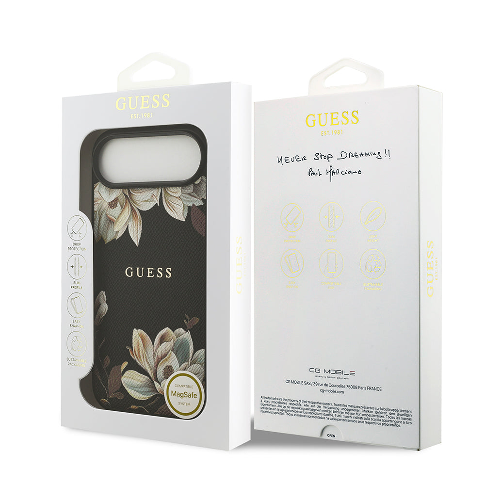 iPhone 17 Air Kılıf Guess Orijinal Lisanslı M-safe Şarj Özellikli Taneli Çiçek Tasarımlı Metal Yazı Logolu Kılıf