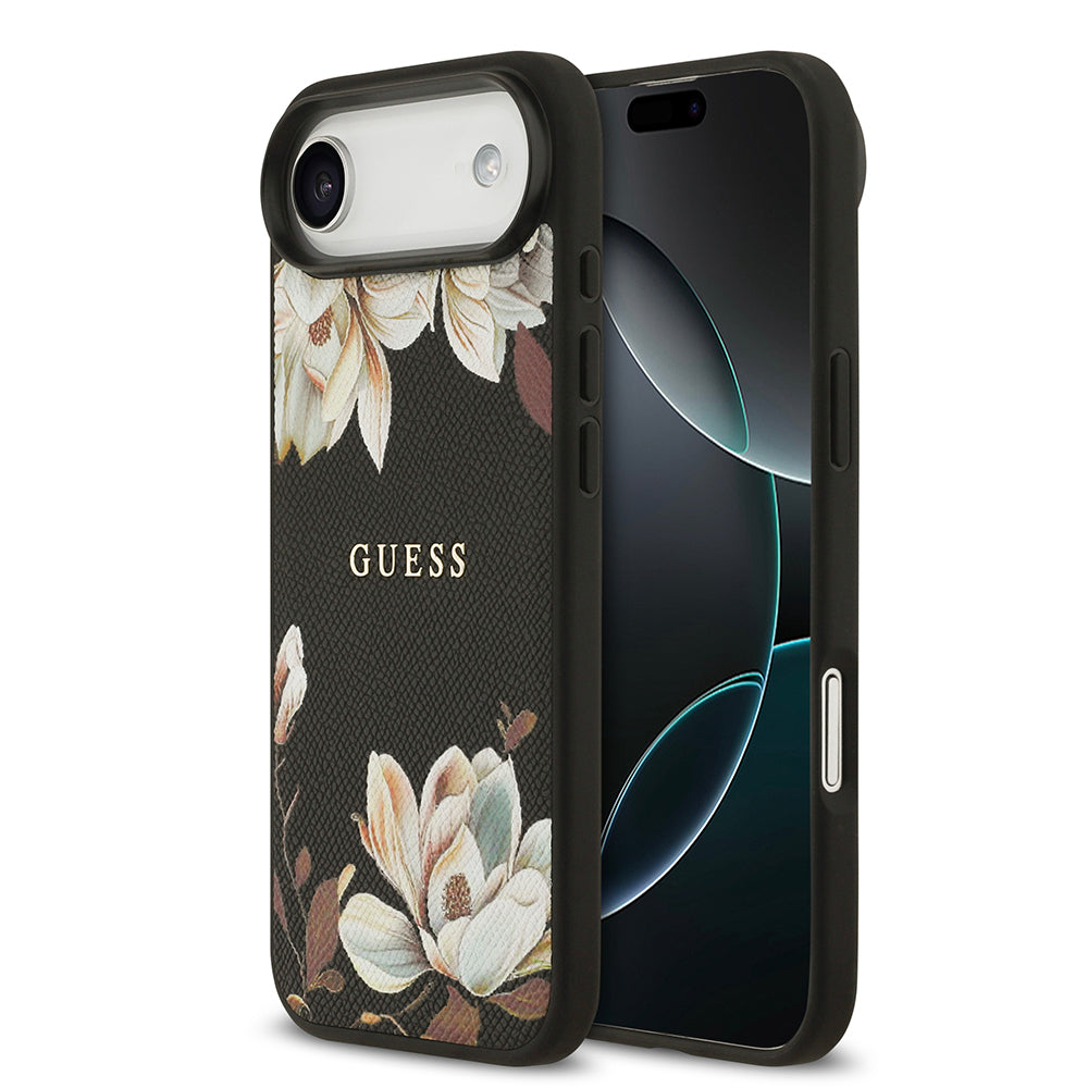 iPhone 17 Air Kılıf Guess Orijinal Lisanslı M-safe Şarj Özellikli Taneli Çiçek Tasarımlı Metal Yazı Logolu Kılıf