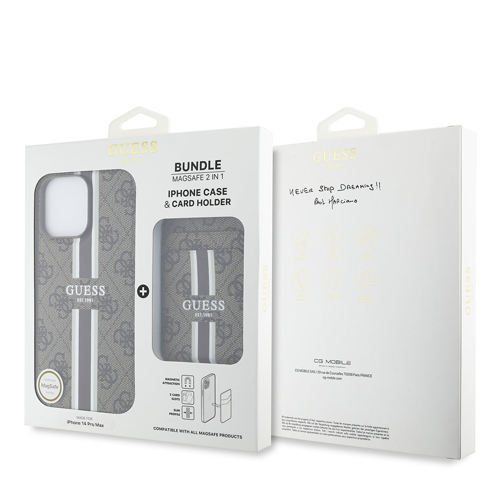 iPhone 14 Pro Max Kılıf Guess Orijinal Lisanslı M-safe Şarj Özellikli 4G Desenli Çizgili Kartlıklı Kılıf