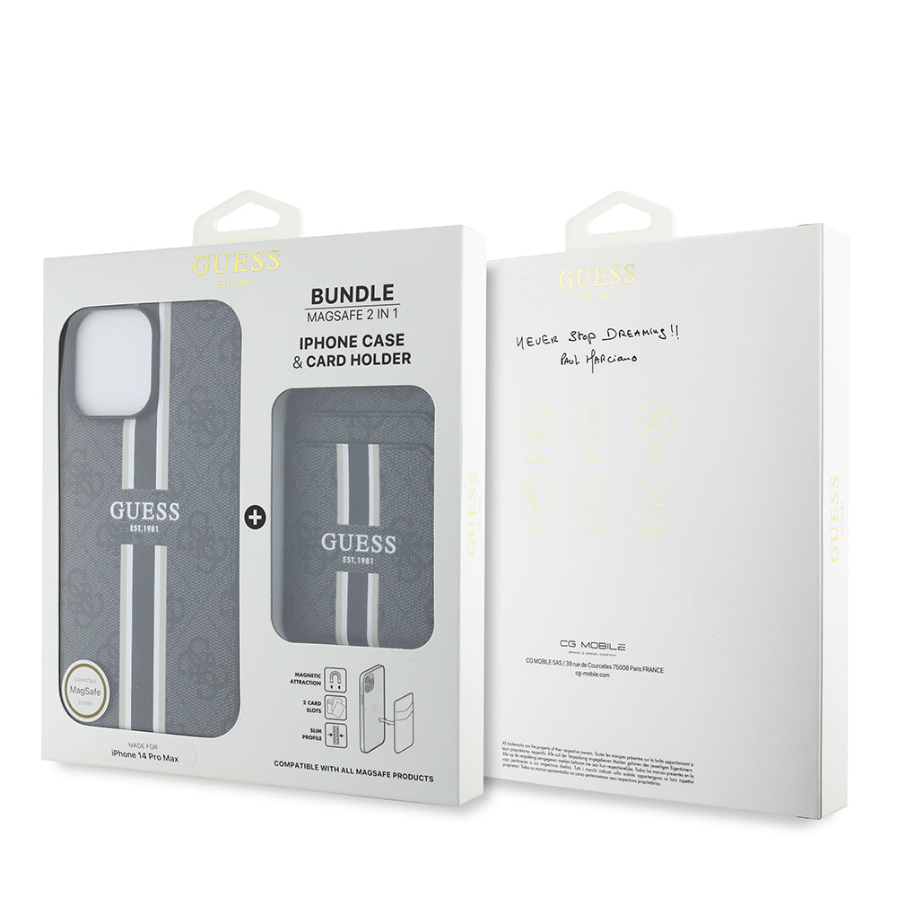 iPhone 14 Pro Max Kılıf Guess Orijinal Lisanslı M-safe Şarj Özellikli 4G Desenli Çizgili Kartlıklı Kılıf
