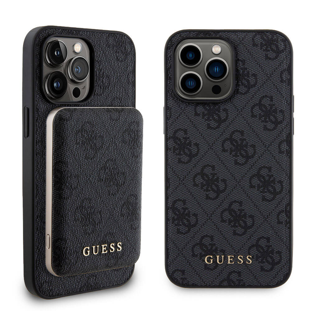 iPhone 14 Pro Max Kılıf Guess Orijinal Lisanslı M-safe Şarj Özellikli Yazı Logolu 4G Desenli Kılıf + Powerbank 5000mAh 2in1 Set