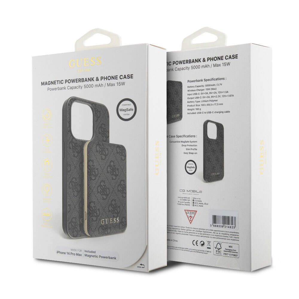 iPhone 14 Pro Max Kılıf Guess Orijinal Lisanslı M-safe Şarj Özellikli Yazı Logolu 4G Desenli Kılıf + Powerbank 5000mAh 2in1 Set