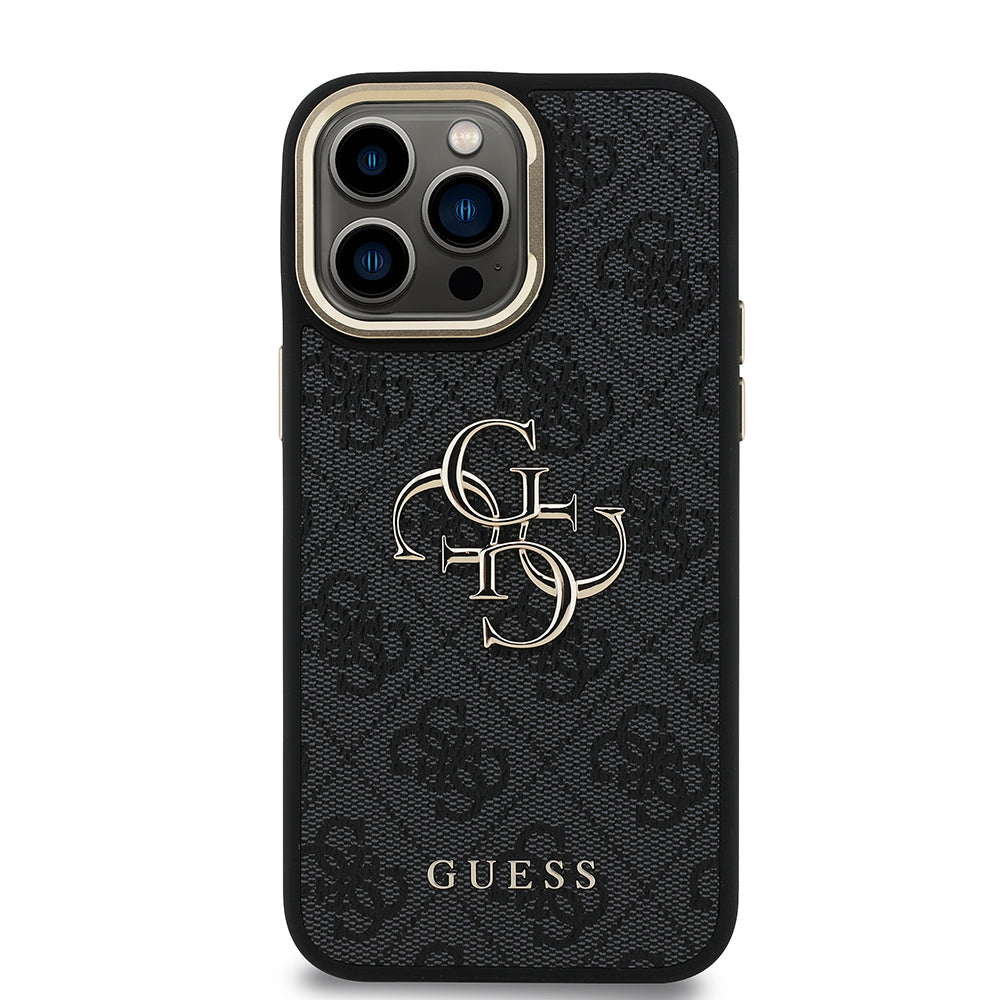 iPhone 14 Pro Max Kılıf Guess Orijinal Lisanslı PU Deri 4G Desenli Metal Büyük 4G ve Yazı Logolu Kamera Standlı Kılıf